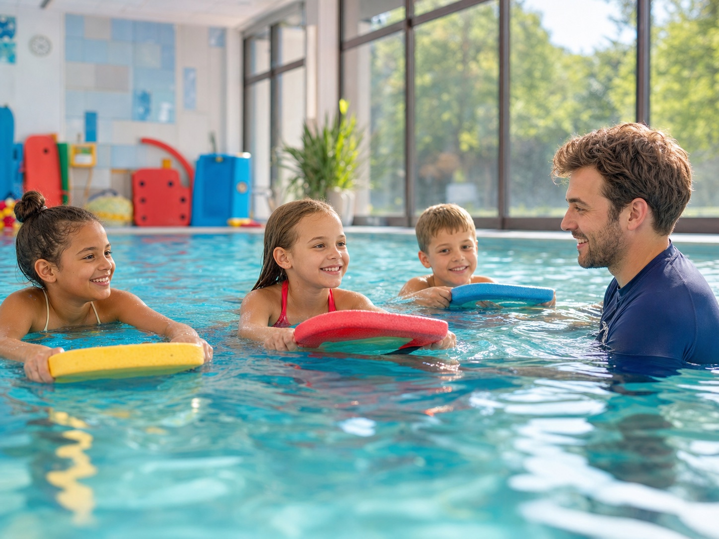 Kinder und Trainerin während einer gemeinsamen Schwimmstunde